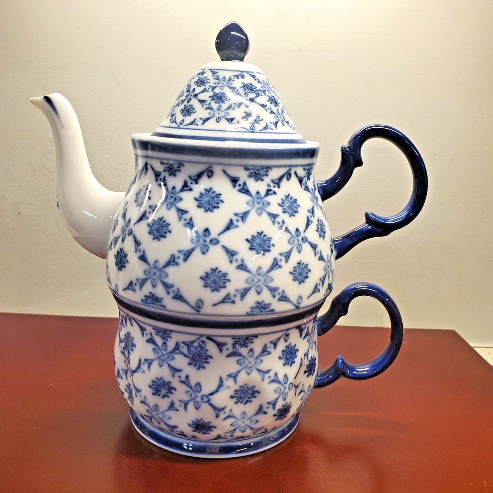 Harry And David Tea For One:  Delft Blue Stacking Floral Teapot & Matching Cup